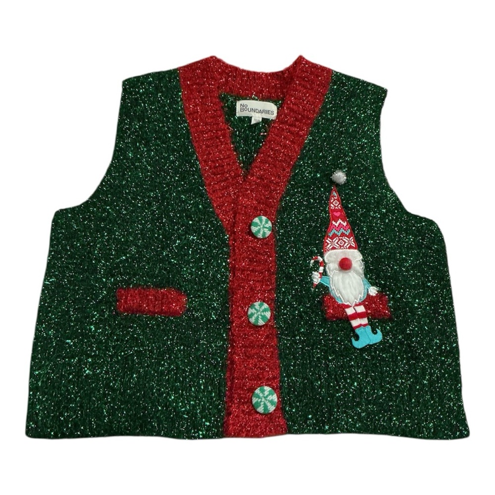 Shimmering Red and Green Sweater Vest featuring gnome